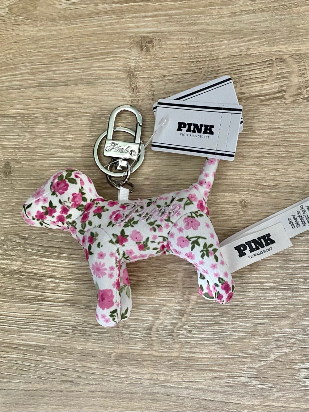 PINK Victoria's Secret Floral Plush Dog Keychain - Pink & White